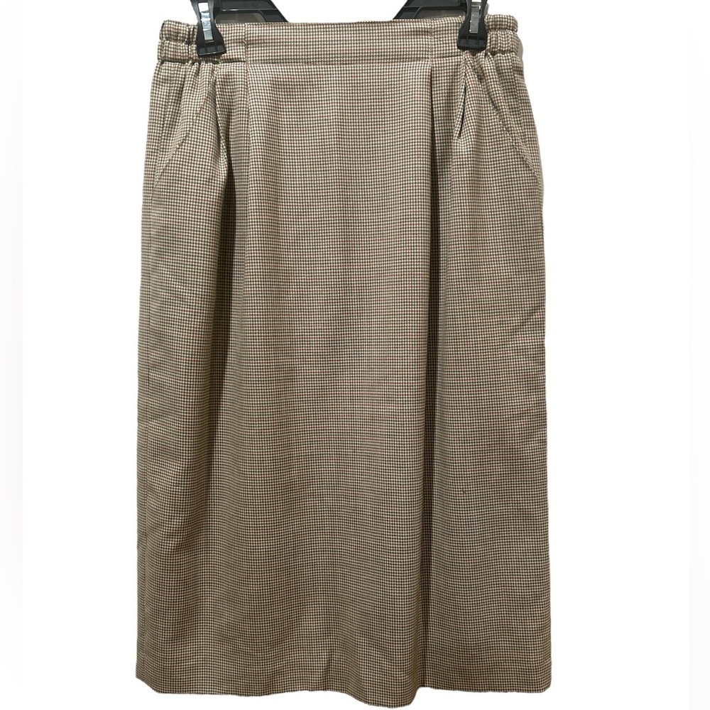 Vintage Talbots Wool Skirt Houndstooth Plaid Midi Petite 10 Brown Classic USA
